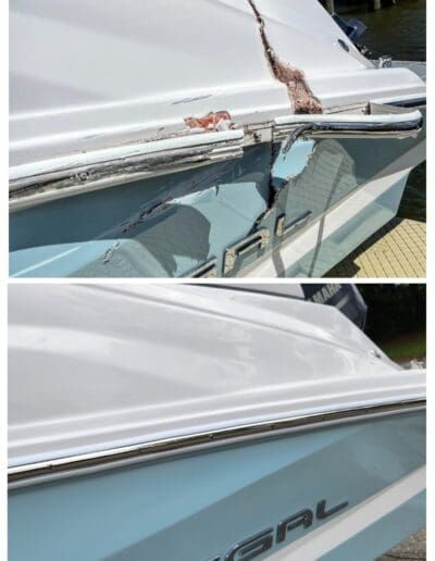 Picture showing the before and after of fiberglass boat repair
