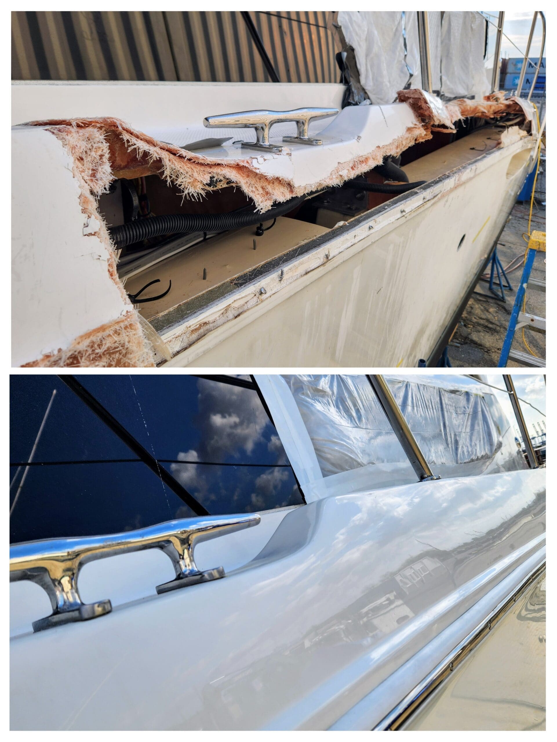 fiberglass boat repair charleston picture showing before and after fiberglass repair in charleston sc