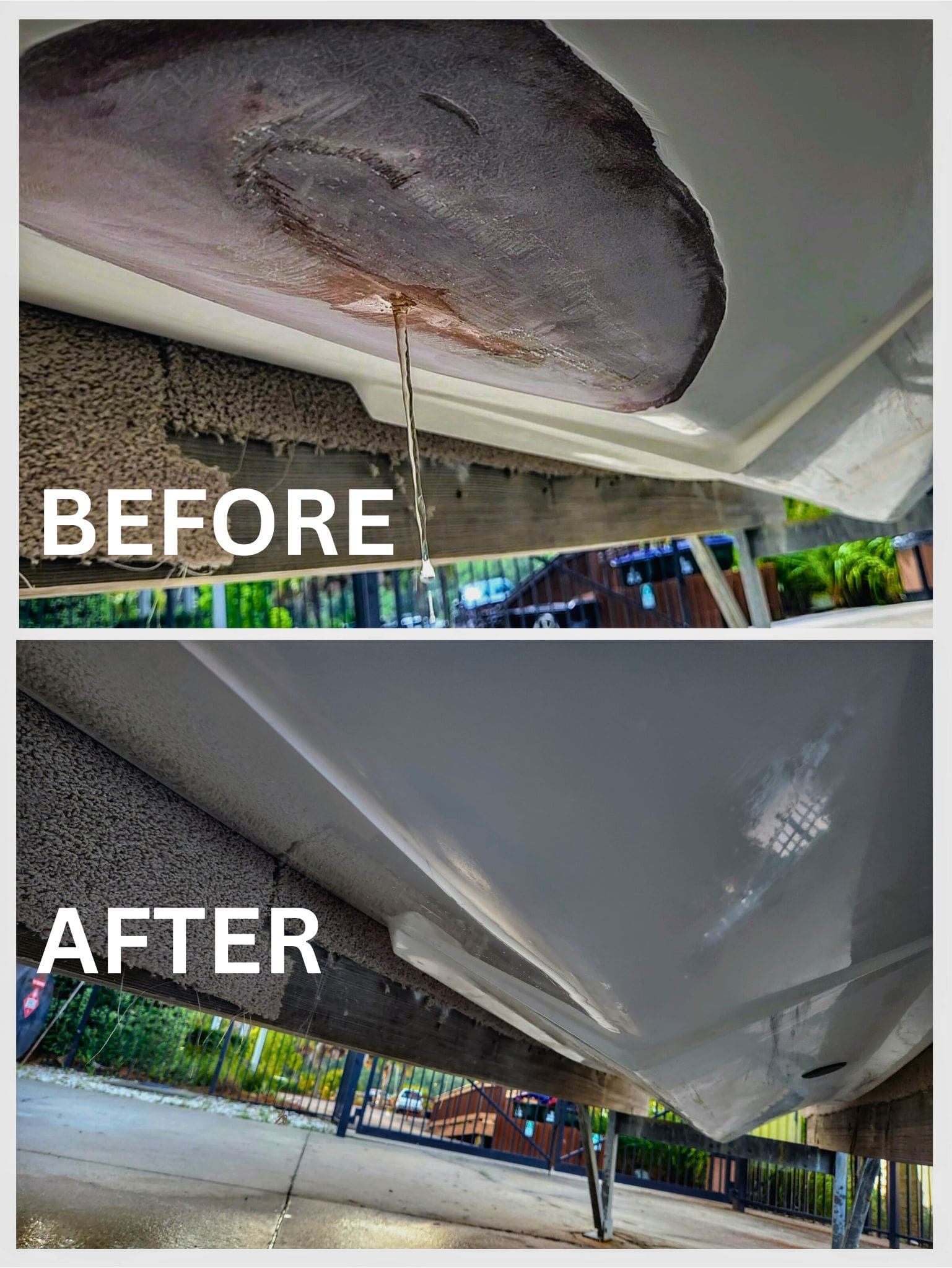 FIBERGLASS HULL DAMAGE REPAIR CHARLESTON SC picture showing the process of fiberglass boat repair by Total Boat Repair