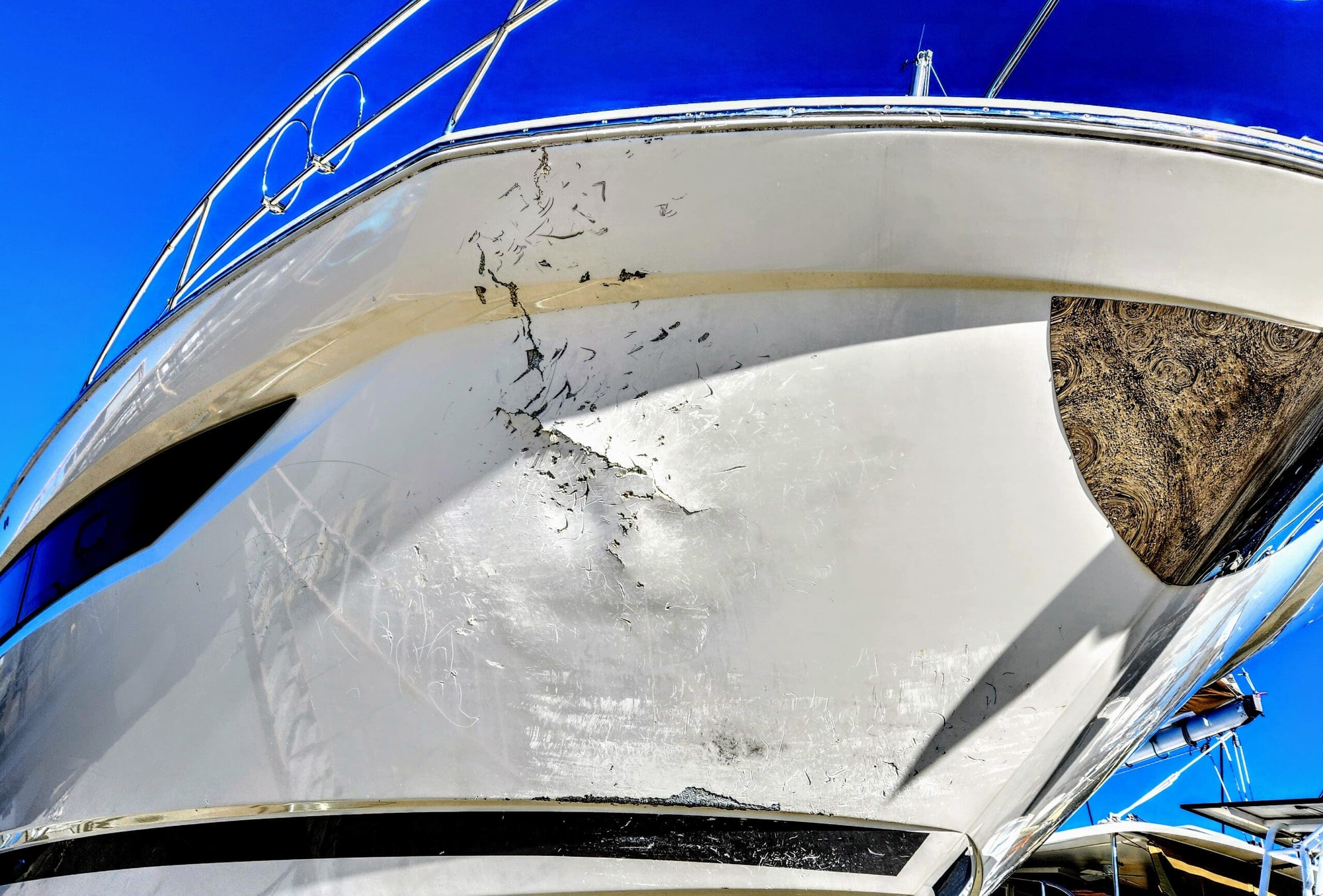 A before photo of the damage to the hull of yacht located in Charleston SC