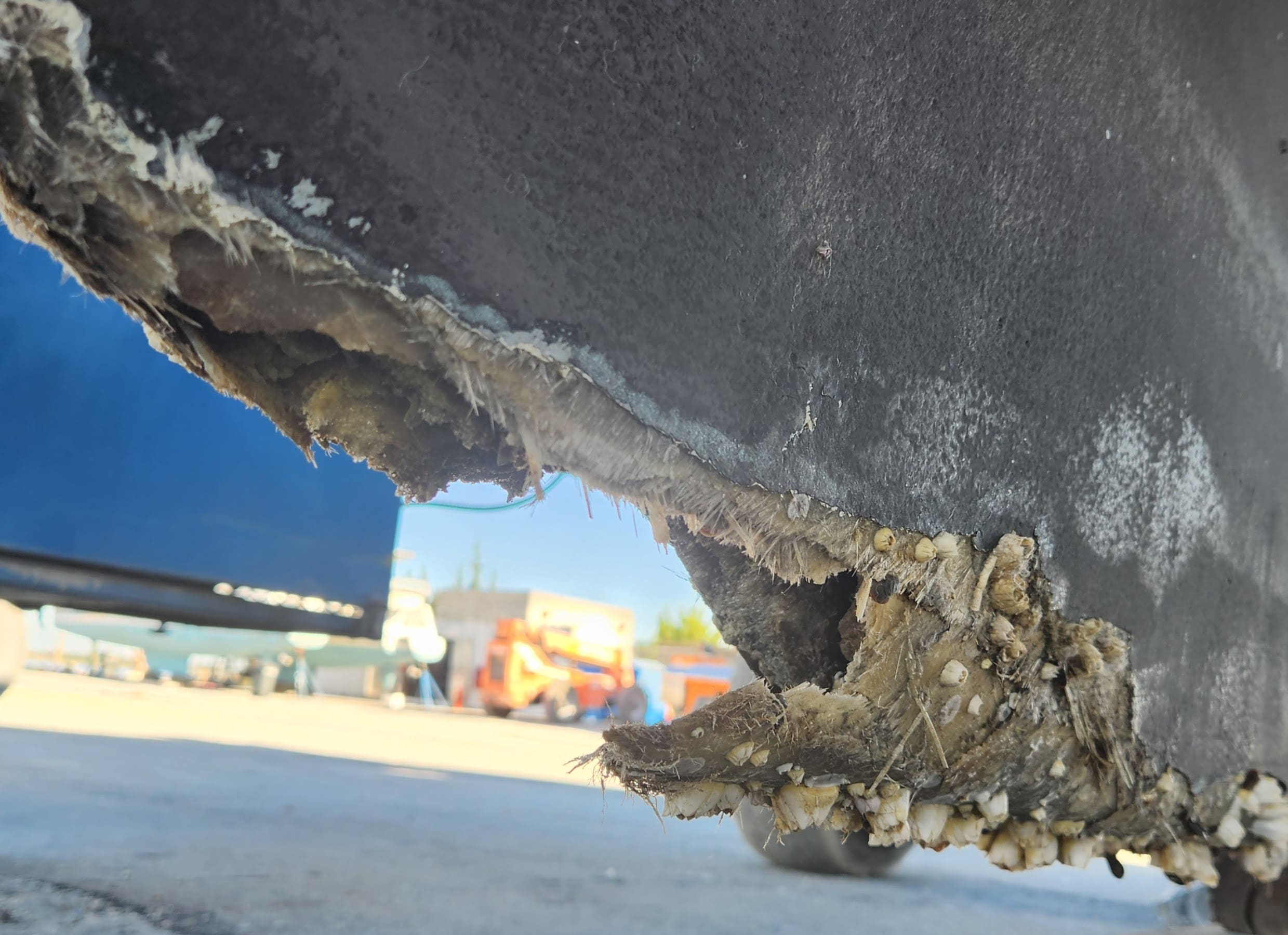 picture of catamaran fiberglass keel damage